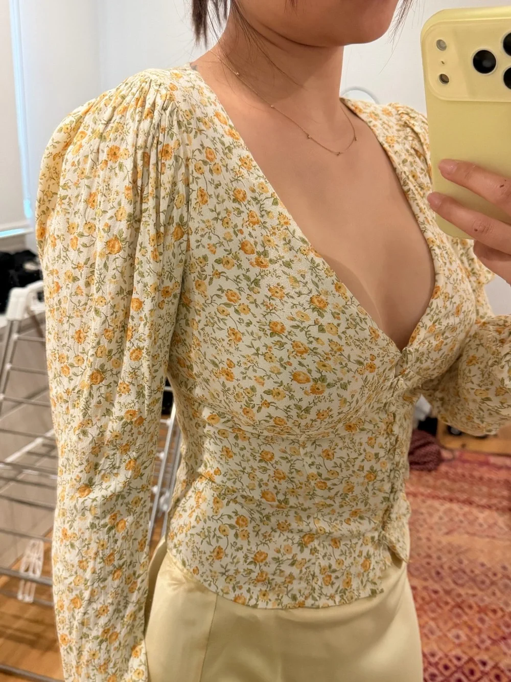 Reformation Yellow Floral Puff-Sleeve V-Neck Blouse